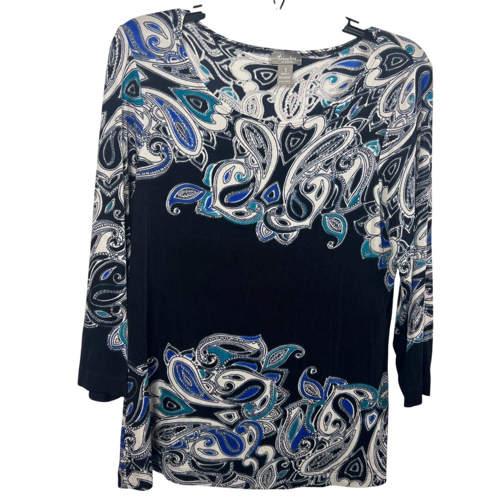Chicos Travelers Womens Paisley Print 3/4 Sleeve Top Black Blue Size 1 Medium